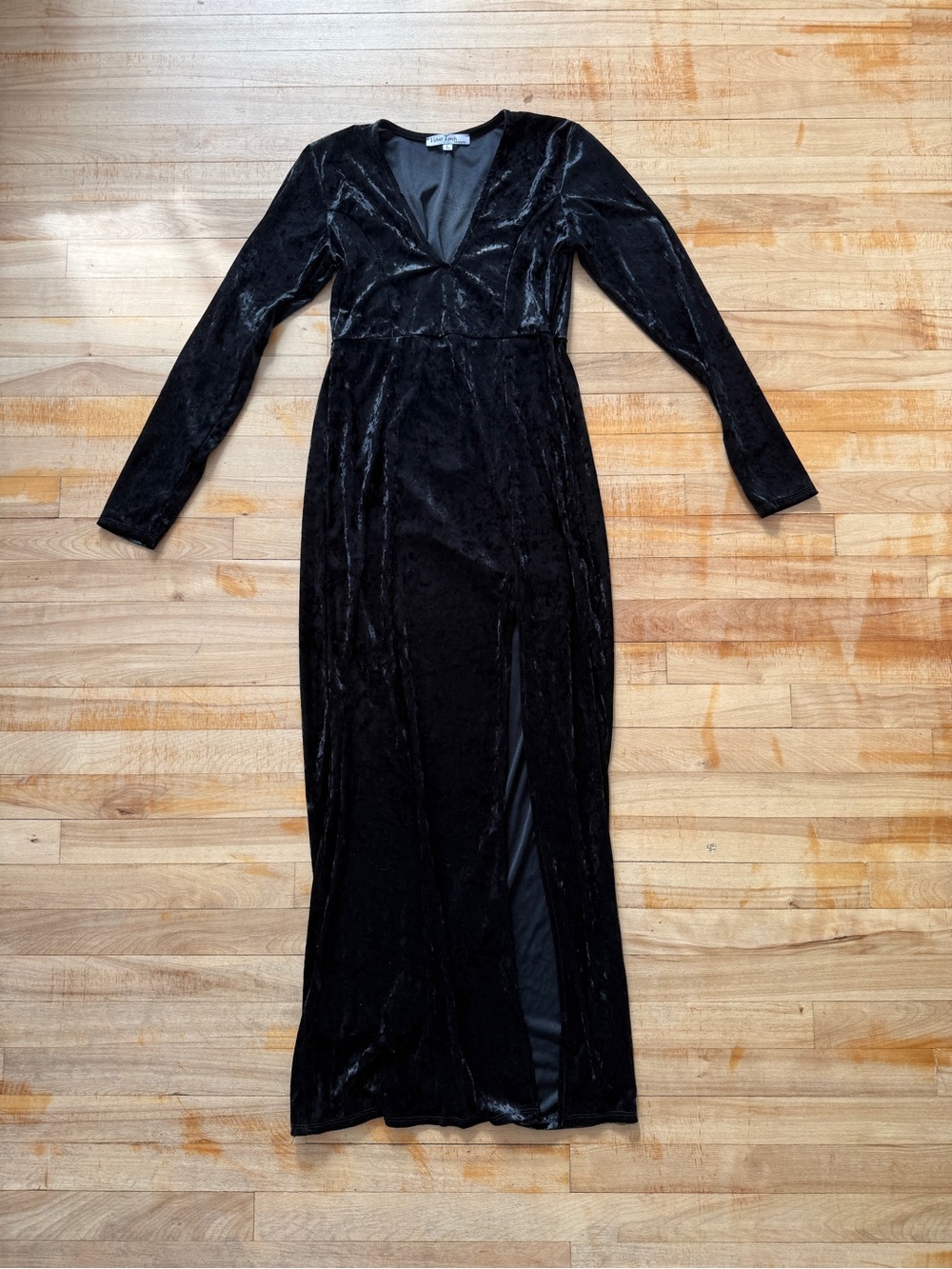 Velvet Torch Black Long-Sleeve V-Neck Crushed Velvet Maxi Dress